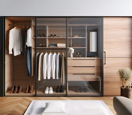 Dressing room in a modern style, minimalist design, copy space. Images for the website.