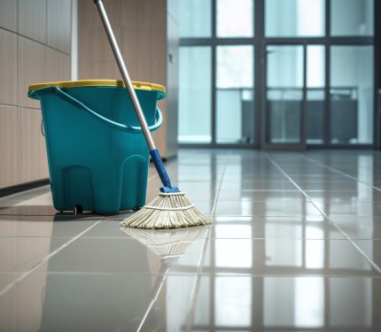 Gros plan sur une serpillière blanche nettoyant le sol en carrelage » IA générative