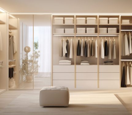 Modern luxury stylish white walk in closet feminine dressing room, minimal walk in wardrobe interior design